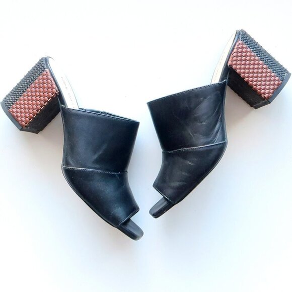 Nine West Janel Black Leather Square Toe Woven Block Heel Mules / Slip On Shoes - Picture 1 of 16